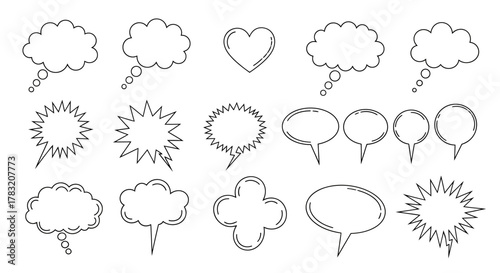 Hand-drawn vector speech bubbles, thought clouds, and comic bursts. Diverse graphic elements for digital design, social media, and expressive visual media