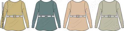 Set of four long-sleeved women's tunics in different earth-toned colors with a belt at the waist
