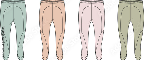 Fashion apparel illustration showcasing diverse colors and design variations of athletic leggings for sportswear, activewear