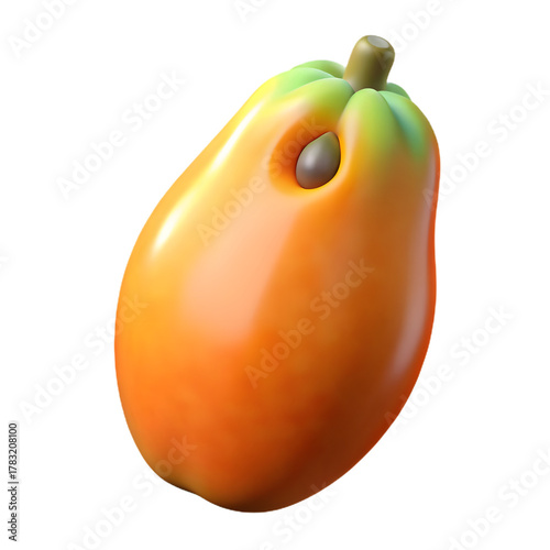 A ripe orange papaya fruit with a hole showing a seed against a stark black background