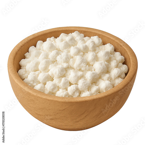 Creamy cottage cheese in a wooden bowl.