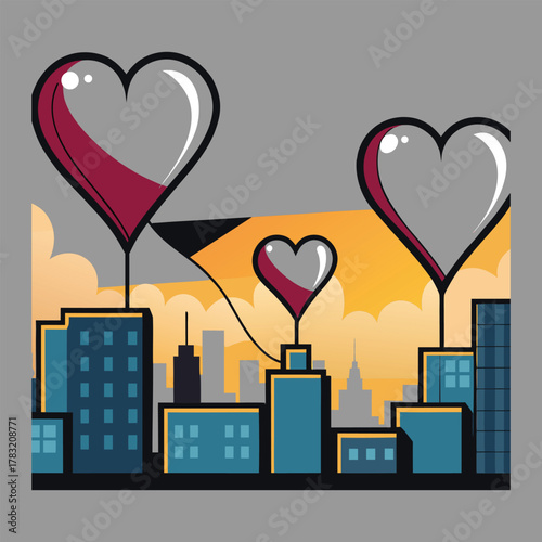 Three heartshaped balloons float above a cityscape at sunset, symbolizing love and connection in an urban setting, with a blend of romance and city life