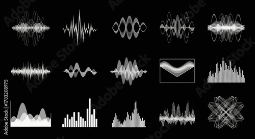 Collection of Sound Waveform Visualizations in Grayscale for Audio and Music Related Design Projects