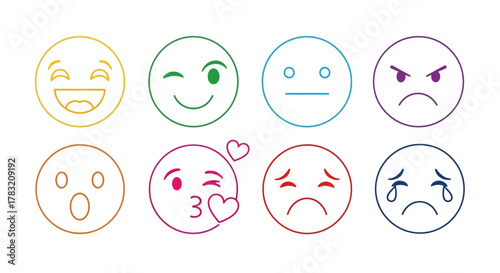 A vibrant collection of colorful digital facial expression icons representing a range of emotions, presented in a clean line art style