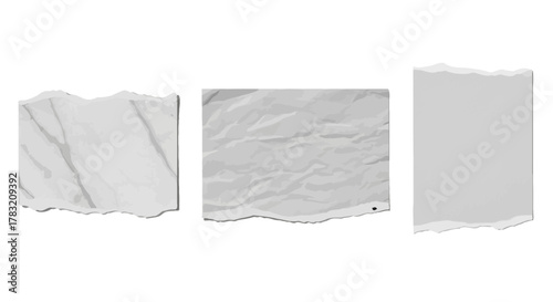 Versatile collection of three unique torn paper pieces featuring various textures like crumpled and subtly patterned surfaces, ideal for creative graphic design and digital projects