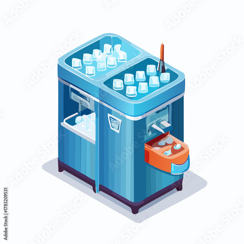 Blue ice maker with scoop and ice cubes