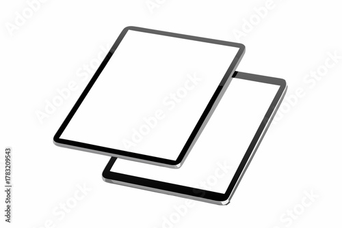 Two tablets with blank white screens overlapping each other on a white background studio shot view created with generated ai