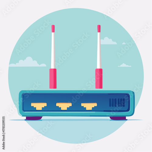 Blue router with antennas and ports