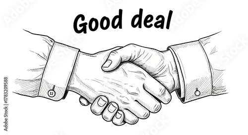 Hand-drawn sketch illustration of a business handshake signifying a successful agreement and partnership. A vector graphic icon representing a good deal and cooperation