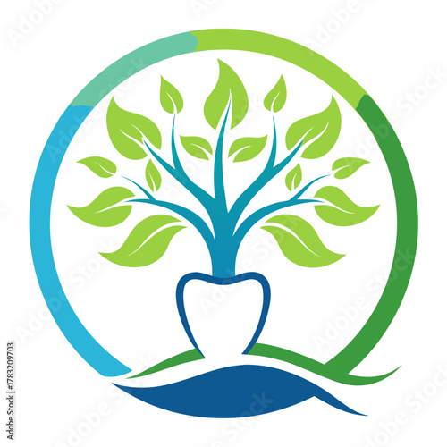 Abstract tree with green leaves growing from a tooth shaped vase