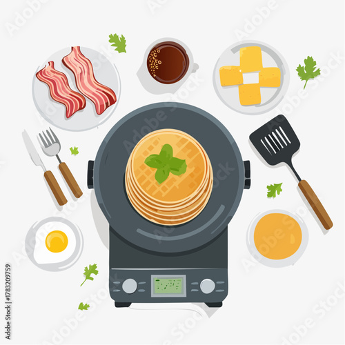 Breakfast cooking scene with waffles and bacon