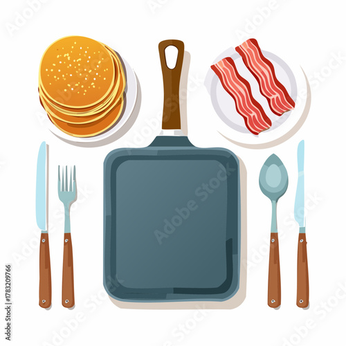 Breakfast food and tableware arrangement