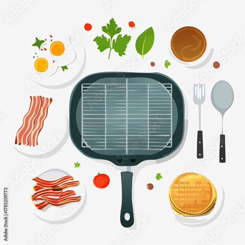 Breakfast cooking ingredients with frying pan