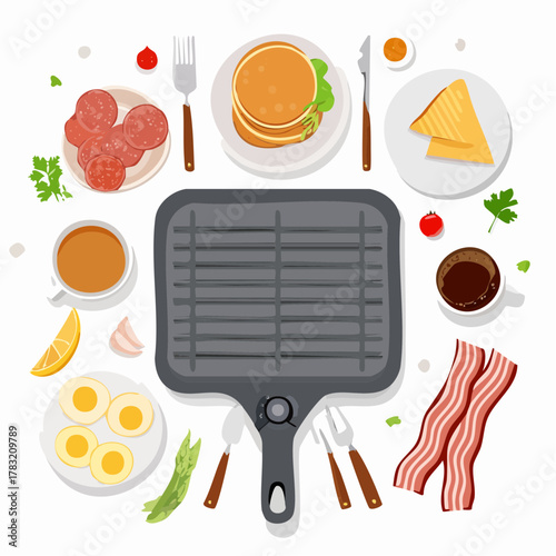 Breakfast food spread with grill pan