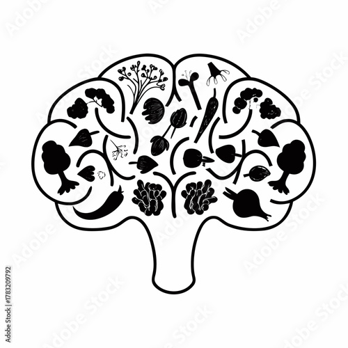 Brain shaped broccoli with healthy vegetables and herbs inside