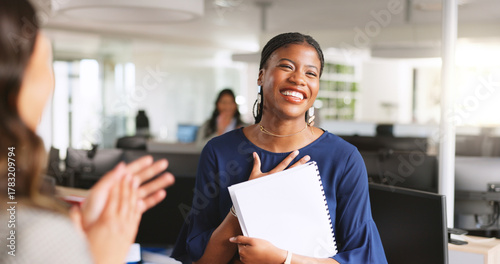 Billede på lærred Applause, praise or business woman with document for promotion, success or thank you