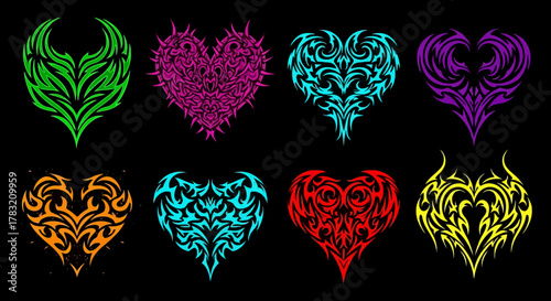 Vibrant collection of unique vector heart illustrations showcasing intricate tribal and abstract patterns. A dynamic set of colorful graphic art elements perfect for digital design projects