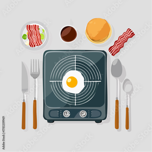 Breakfast table setting with fried egg