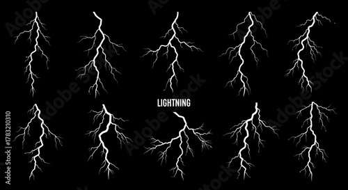 Collection of diverse electrical discharge illustrations depicting lightning bolts against a dark background, showcasing atmospheric phenomena