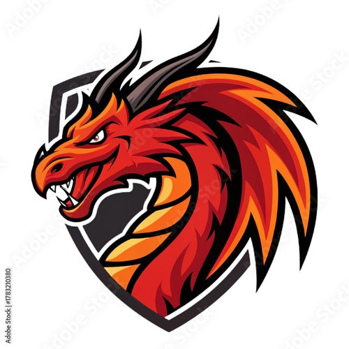 Fire Dragon Mascot Logo Vector, Flat Esport Emblem Design with Solid Crimson and Orange Fills and Thick Black Outline, Transparent Background

