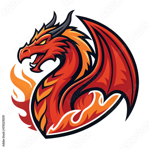 Fire Dragon Mascot Logo Vector, Flat Esport Emblem Design with Solid Crimson and Orange Fills and Thick Black Outline, Transparent Background

