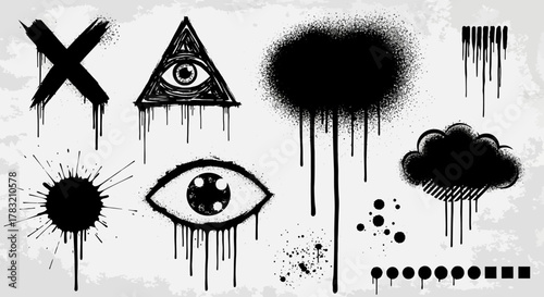 Graffiti art elements spray paint drips, splatters, and stencil designs for graphic projects