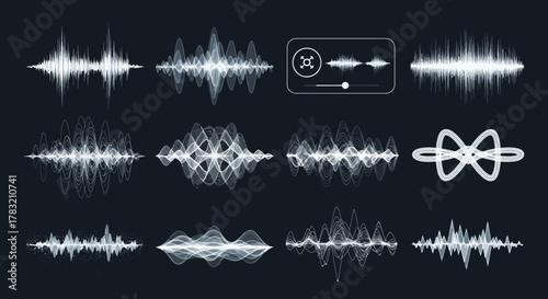 Abstract collection of digital sound waves, equalizer waveforms, and audio spectrum pixel graphs for music visualization