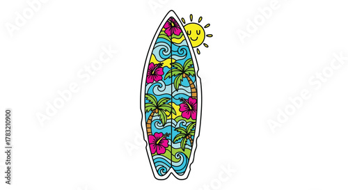 Tropical Surfboard with Palm Trees, Hibiscus Flowers, Waves, and Sun Illustration