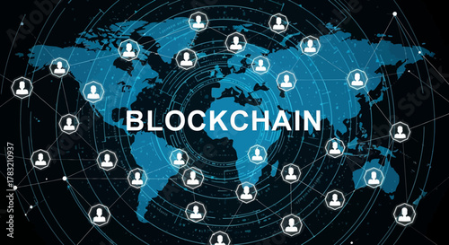 Futuristic Digital Blockchain Technology Illustrated with a World Map and Interconnected User Network for Global Data Exchange