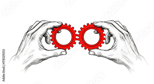 A conceptual illustration of hands holding two red interlocking gears as binoculars, symbolizing business vision, teamwork, and strategy
