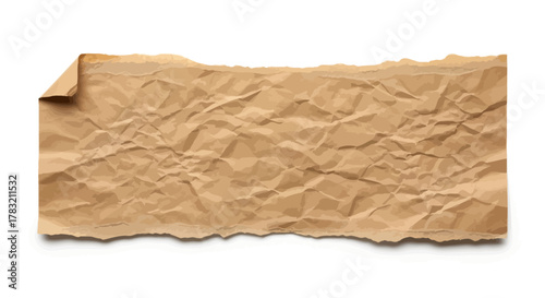 Crumpled strip of brown recycled paper with a ripped texture and folded corner, an isolated vintage banner element for graphic design projects