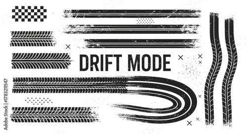 Abstract Black and White Tire Tracks and Grunge Brush Strokes with "Drift Mode" Text