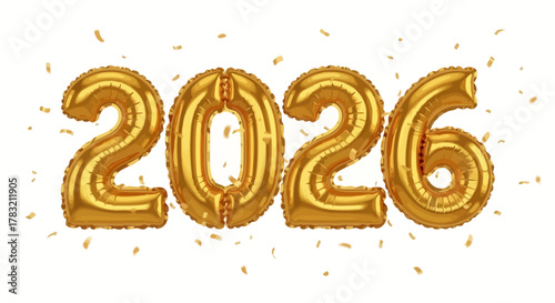 Festive golden foil balloons spell out the year 2026, with sparkling gold confetti, ideal for new year celebrations, future events, and upcoming milestones