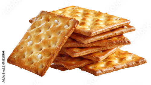 Stack of crispy golden salted crackers square shape baked snack biscuits with crunchy texture and savory flavor isolated on white background