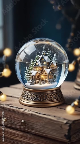  Transparent glass snow globe with miniature winter town inside, snowy fir trees, and cozy houses. Falling snow creates festive Christmas and holiday mood.