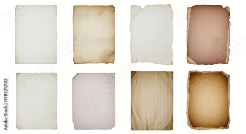 Collection of diverse vintage paper textures and aged sheets, perfect for historical backgrounds, graphic design projects, and decorative elements, showcasing distressed and weathered surfaces