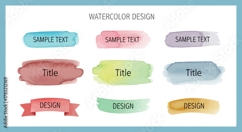 Collection of nine watercolor splashes with text placeholders for design and artistic projects