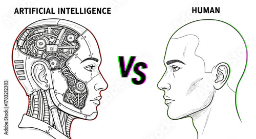 Visual representation contrasting the intricate mechanics of artificial intelligence with the organic complexity of the human mind, showcasing their distinct characteristics