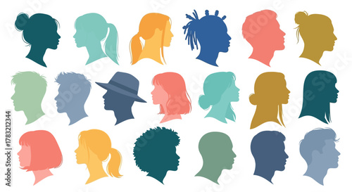 Diverse Human Silhouettes A Vibrant Collection of Profile Headshots Representing Various Ethnicities and Styles