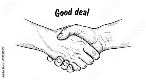 Monochrome sketch of two hands clasping firmly, symbolizing a strong agreement, a successful business deal, a new partnership, or a collaborative venture