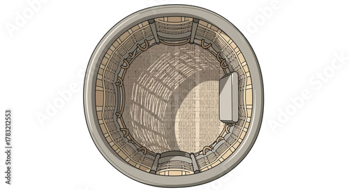 Top view of a round hot tub with built-in seating and a small platform