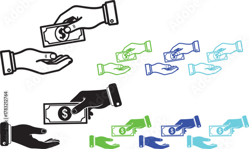 Simple line drawing illustration of one hand giving money to another symbolizing payment and transaction