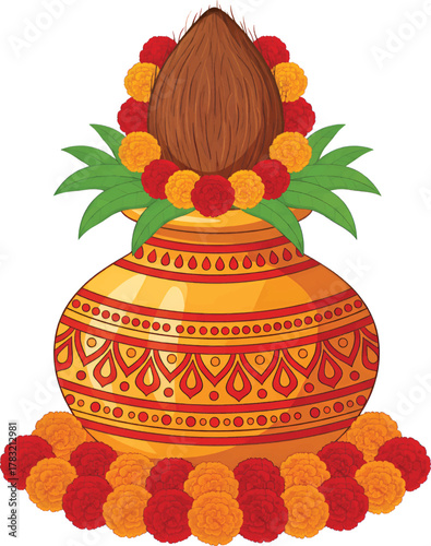 Kalash with Coconut and Marigold Indian Puja Illustration