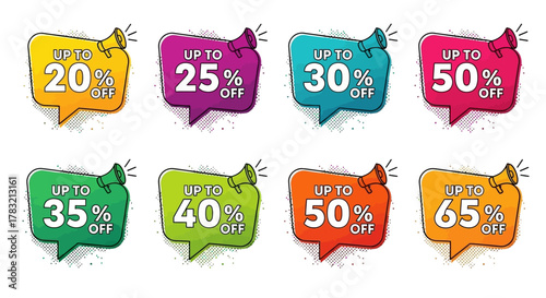Collection of speech bubbles featuring percentage discount offers, conveying marketing promotions and sales