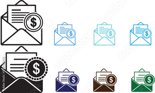 Open envelope with document and coin representing financial communication payment or money transfer