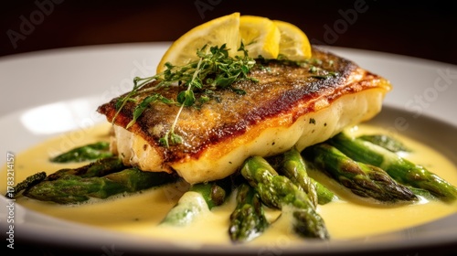 Pan seared sea bass with asparagus and lemon butter sauce fine dining cuisine