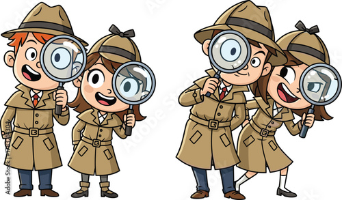 Cartoon detectives, magnifying glass, trench coat, mystery characters, investigation, fun illustration, detective duo, whimsical style, children’s mystery, playful concept