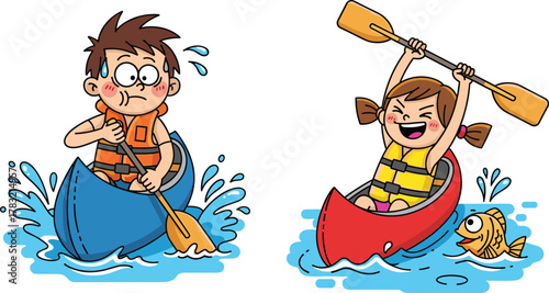 Cartoon kids kayaking, life jackets, emotional contrast, water sport, paddling action, outdoor adventure, excited child, nervous child, fun illustration, lake scene