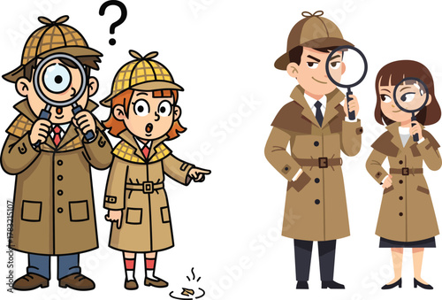 Curious detectives with magnifying glass investigating mystery clues, children and adults dressed as investigators solving crime, teamwork, observation, and detective adventure