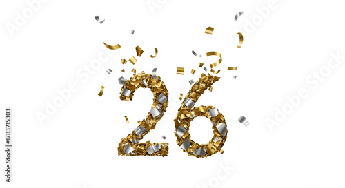 Sparkling gold number twenty six with falling confetti